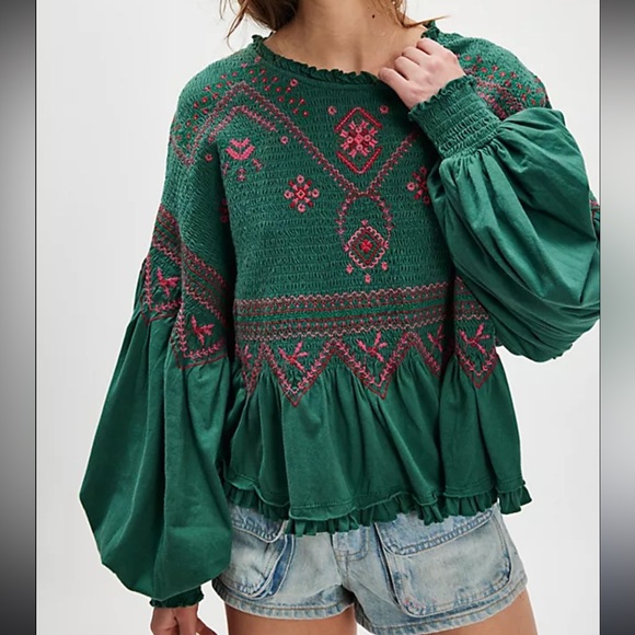Free People Tops - NWOT Free People Holly Embroidered Top- Green Combo
